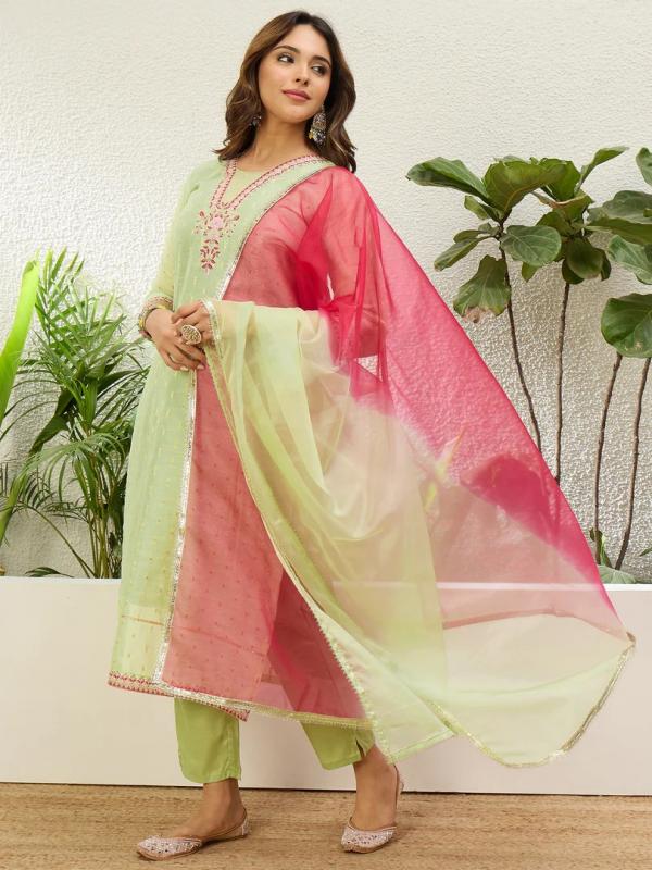 VP 9874 P Embroidered Yoke Design Straight Kurta Pant Set with Ombre Dupatta